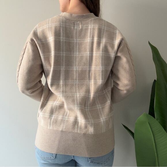 Joie Beige Plaid Cardigan long sleeve cable knit accent button down front - Picture 2 of 12